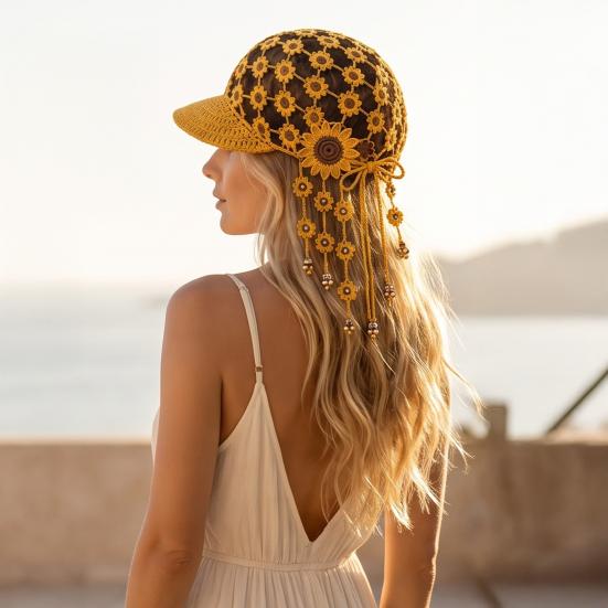 Breathable Summer Headwear Hand Crocheted Sunflower Baseball Cap, Bohemian Tassel Bell Hat, Handmade Knit Cutout Floral Spring Fashion Cap Beanie