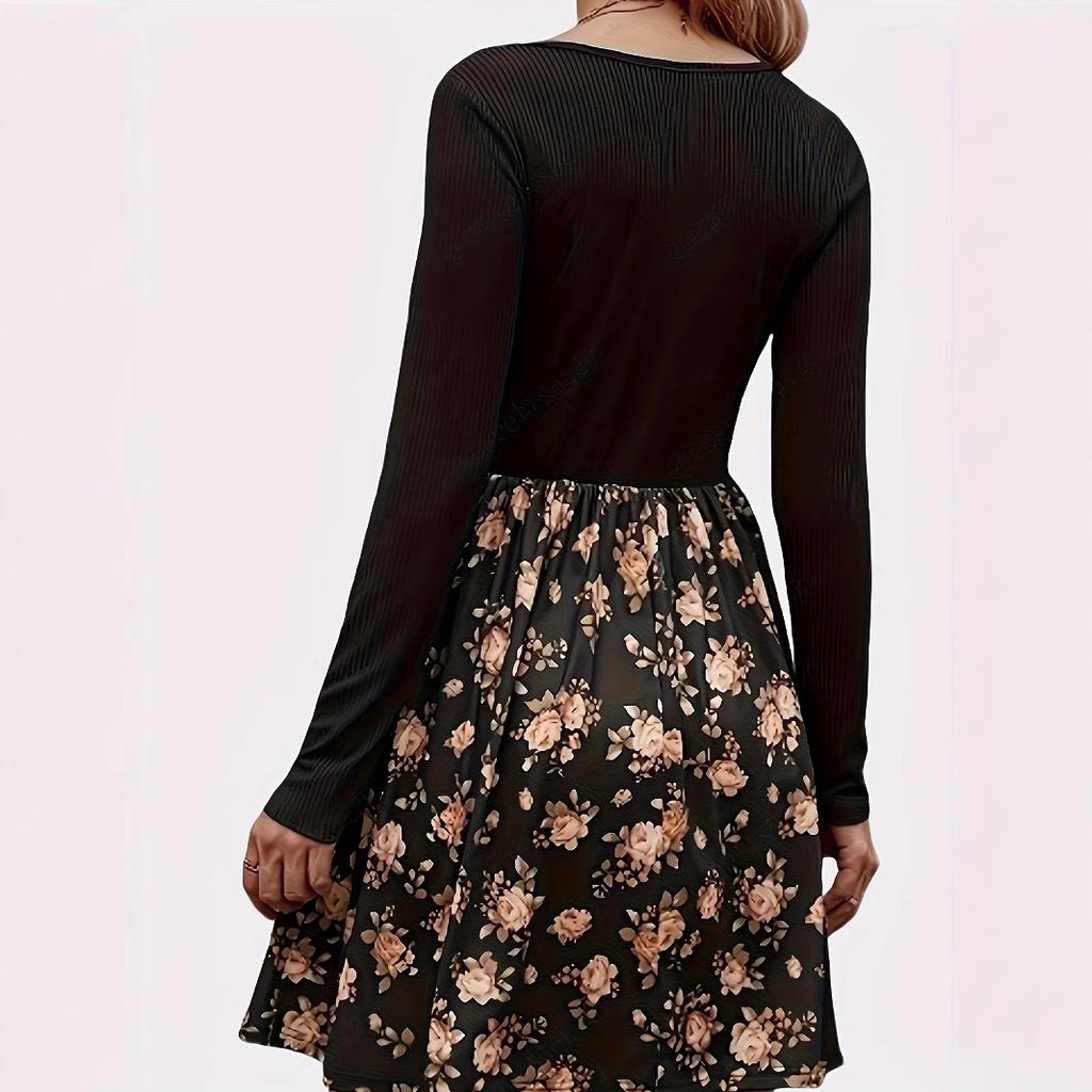 JKASHDK Women's Fashion Spring Fall Flower Pattern Print Long Sleeve U-Neck High Waist Casual Dresses