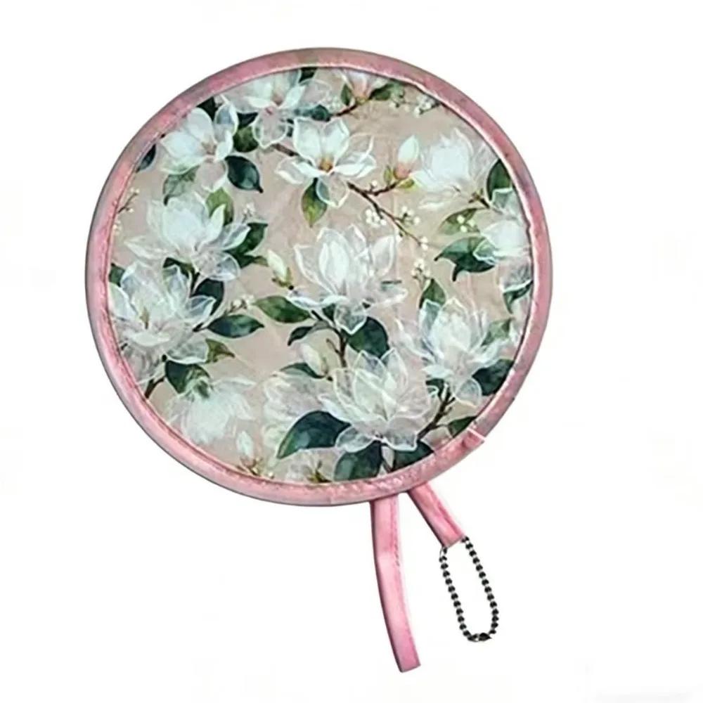 Round Flower Pattern Hand Fan Japanese Style Folding Fan Collapsible Flying Disk Fan With Pocket Portable Mini Fan Summer Travel