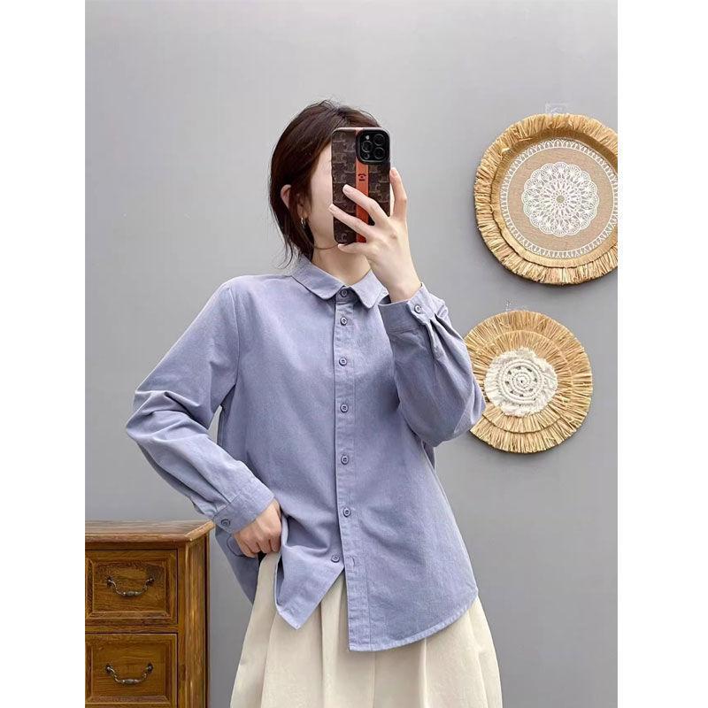 This Autumn and Winter Pure Cotton Solid-color Shirt Is A Classic and Versatile French Layering Shirt for Women with A Doll Collar