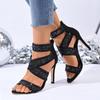 Plus Size Women's Shoes Summer Round Toe Open Toe Sequined Mesh Stiletto Heel Non-Slip Fish Mouth Roman Sandals Zapatos De Mujer