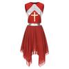Womens Liturgical Dance Dress Metallic Shiny Cross Sequins Sleeveless Color Block Patchwork Irregular Hem Performance Gown