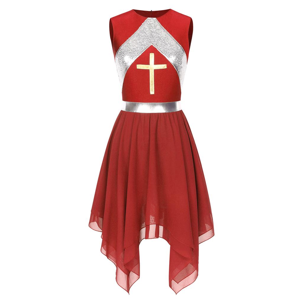 Womens Liturgical Dance Dress Metallic Shiny Cross Sequins Sleeveless Color Block Patchwork Irregular Hem Performance Gown