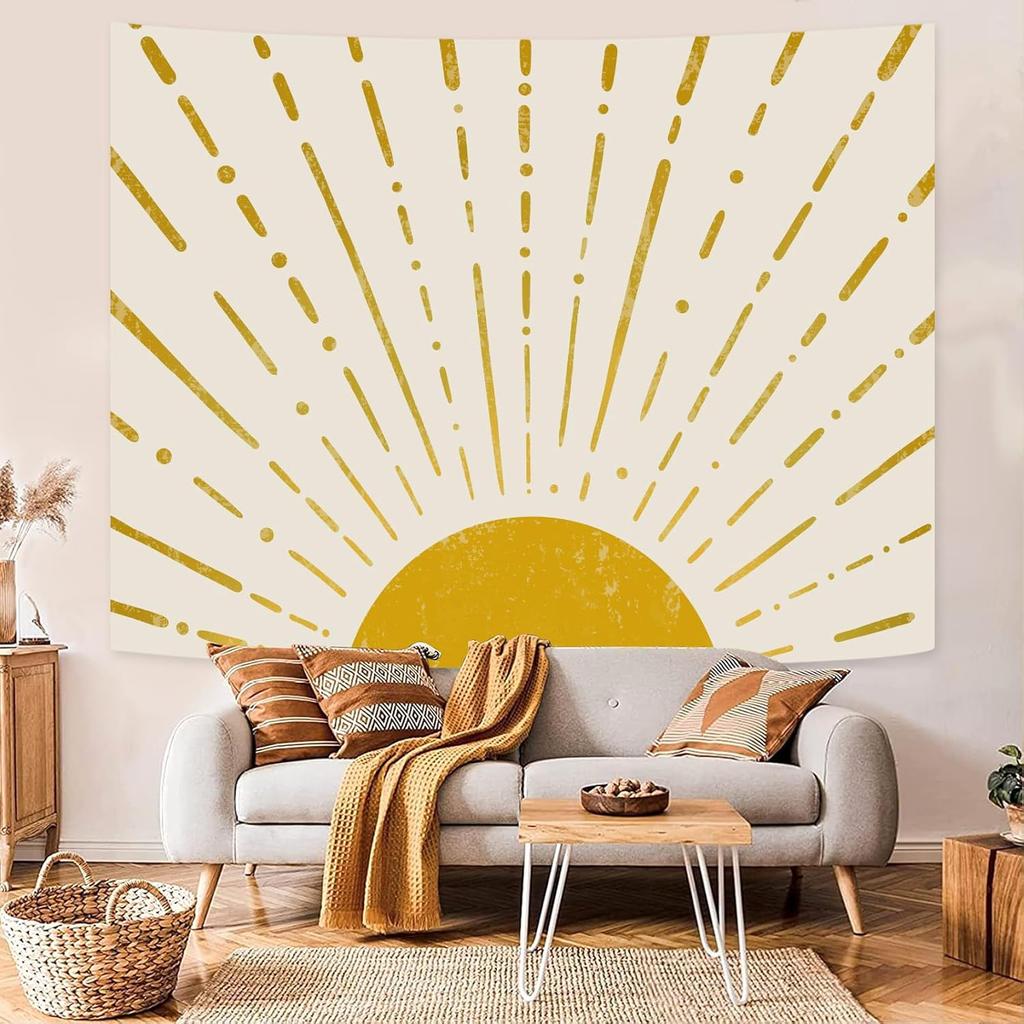 Kanuyee Gold Boho Burning Sun Tapestry Wall Hanging, Retro 70s Abstract Vintage Geometric Line Sunrise Tapestries for Bedroom Living Room Backdrop