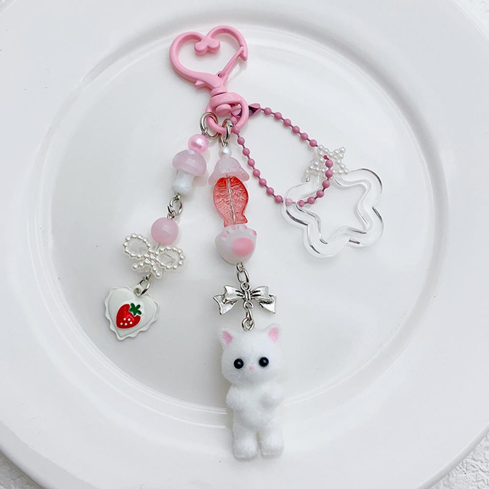Cute Pink Keychain,Fuzzy Cat Keychain Aesthetic Keyring Stylish Keychains Accessories For Women Girls