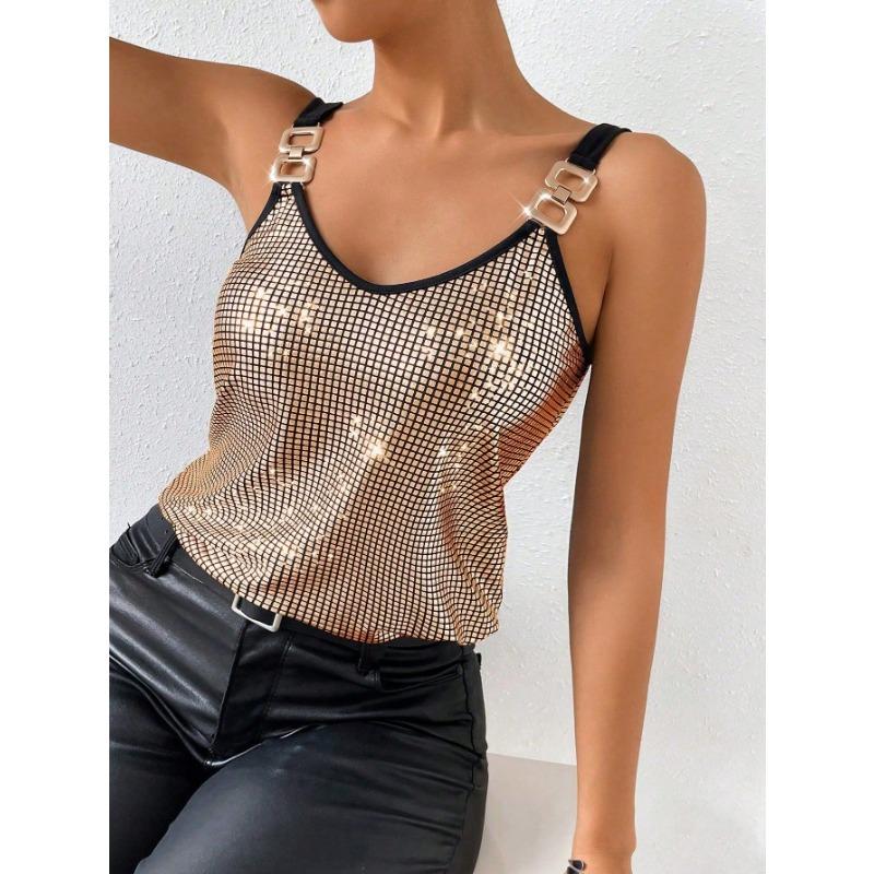 Top Cami da Donna Scollo a V in Rete con Paillettes e Cinturino con Fibbia Metallica per Festa Nightclub Blusa Senza Maniche Monocolore