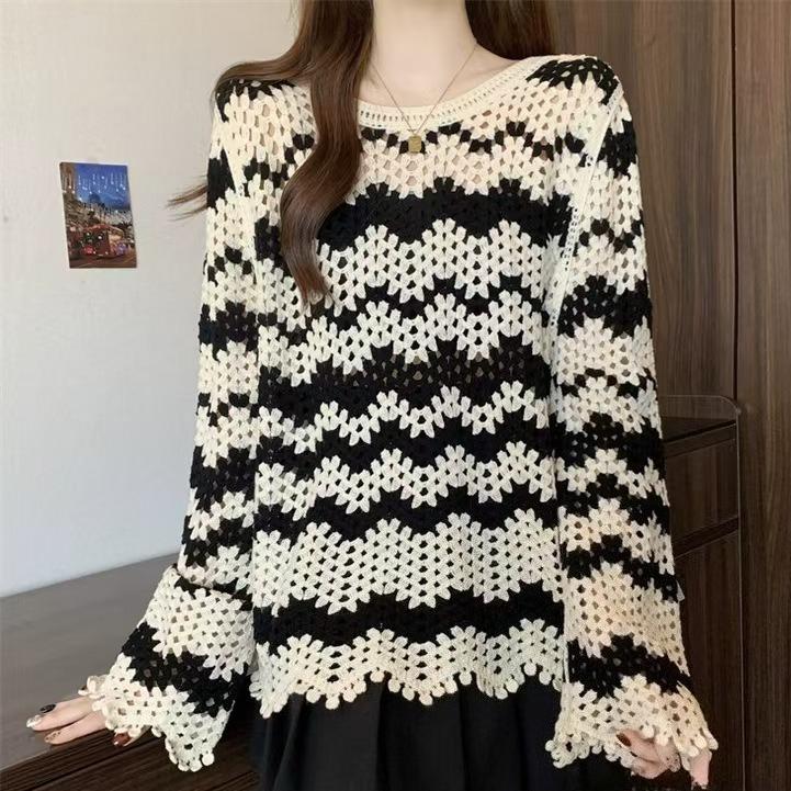 Bohemian Crochet Hollow Knit Sweater for Women Loose Color-Block Long-Sleeve Knit Pullover Top