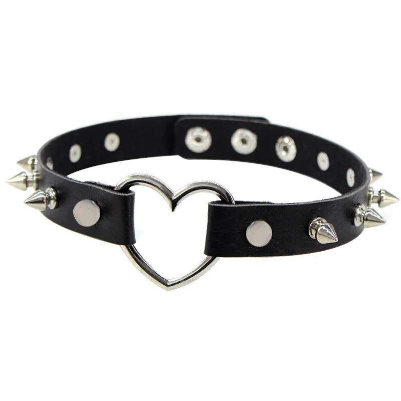 1PC Punk Rock Gothic PU Leather Necklace Heart Round Spike Rivet Collar Studded Choker Chain Necklace Handmade Body Jewelry