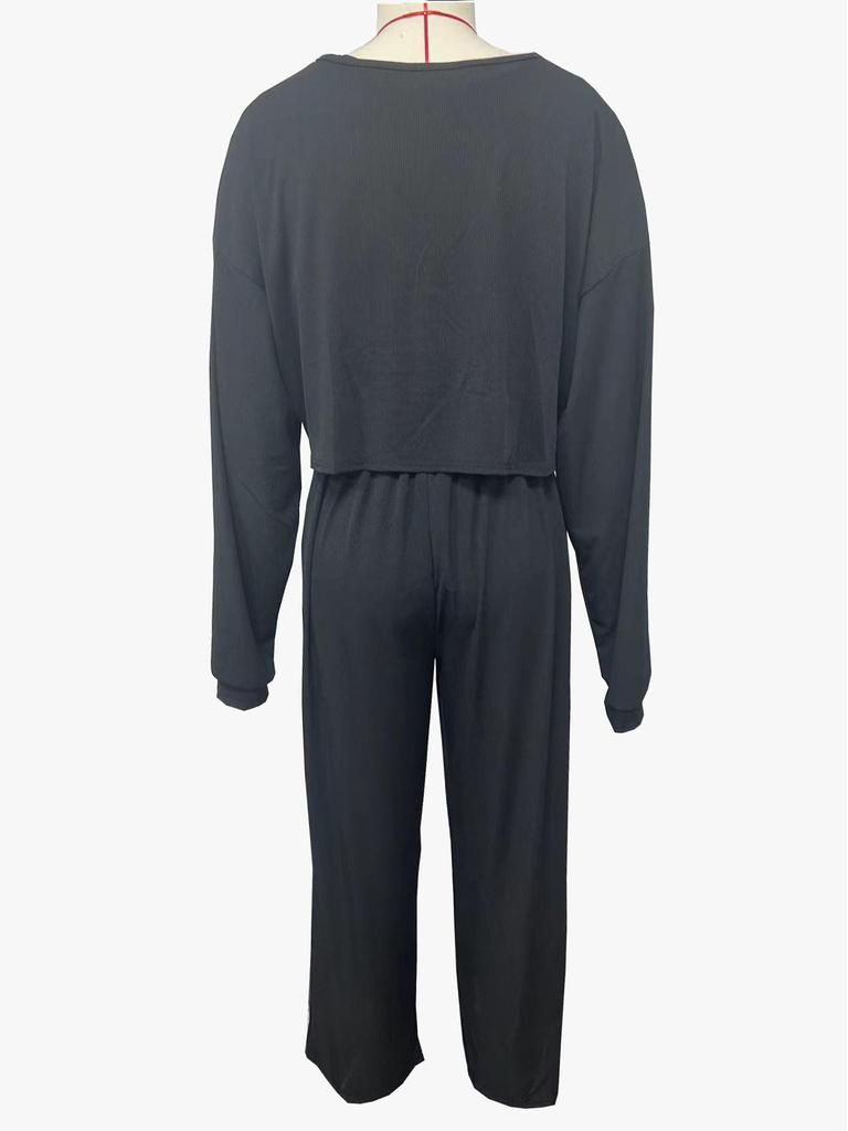 2023 Europäisch-Amerikanische Mode Rundhals Langarm Crop Top und Lange Hose Dreiteiliges Set