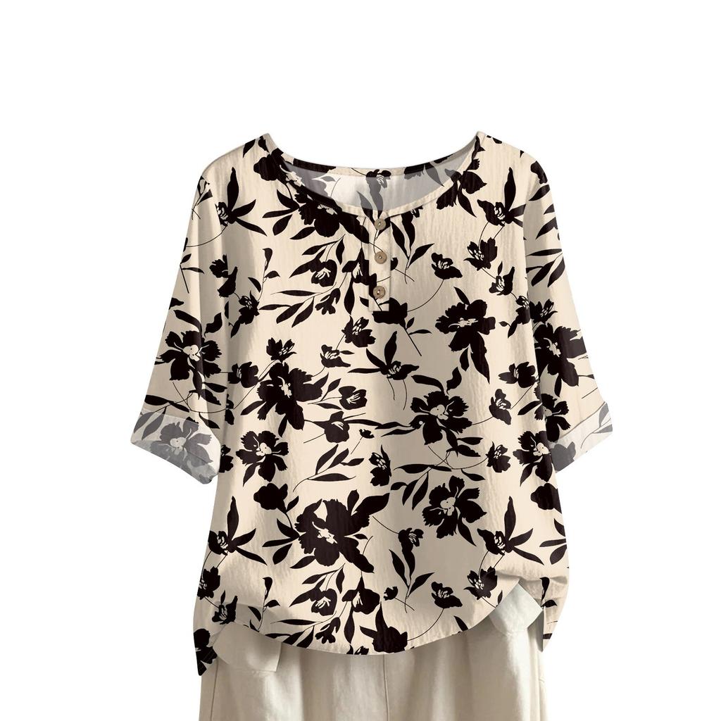 Women's Fashionable And Casual Shirt Half-sleeve Round Neck Print Cotton And Linen Blouse Top