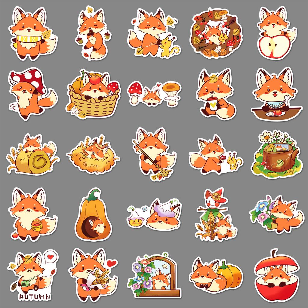 50 Little Fox Autumn Cartoon Stickers Cute Hand-painted Animal Decorative Mobile Phone Case Guka Stickers