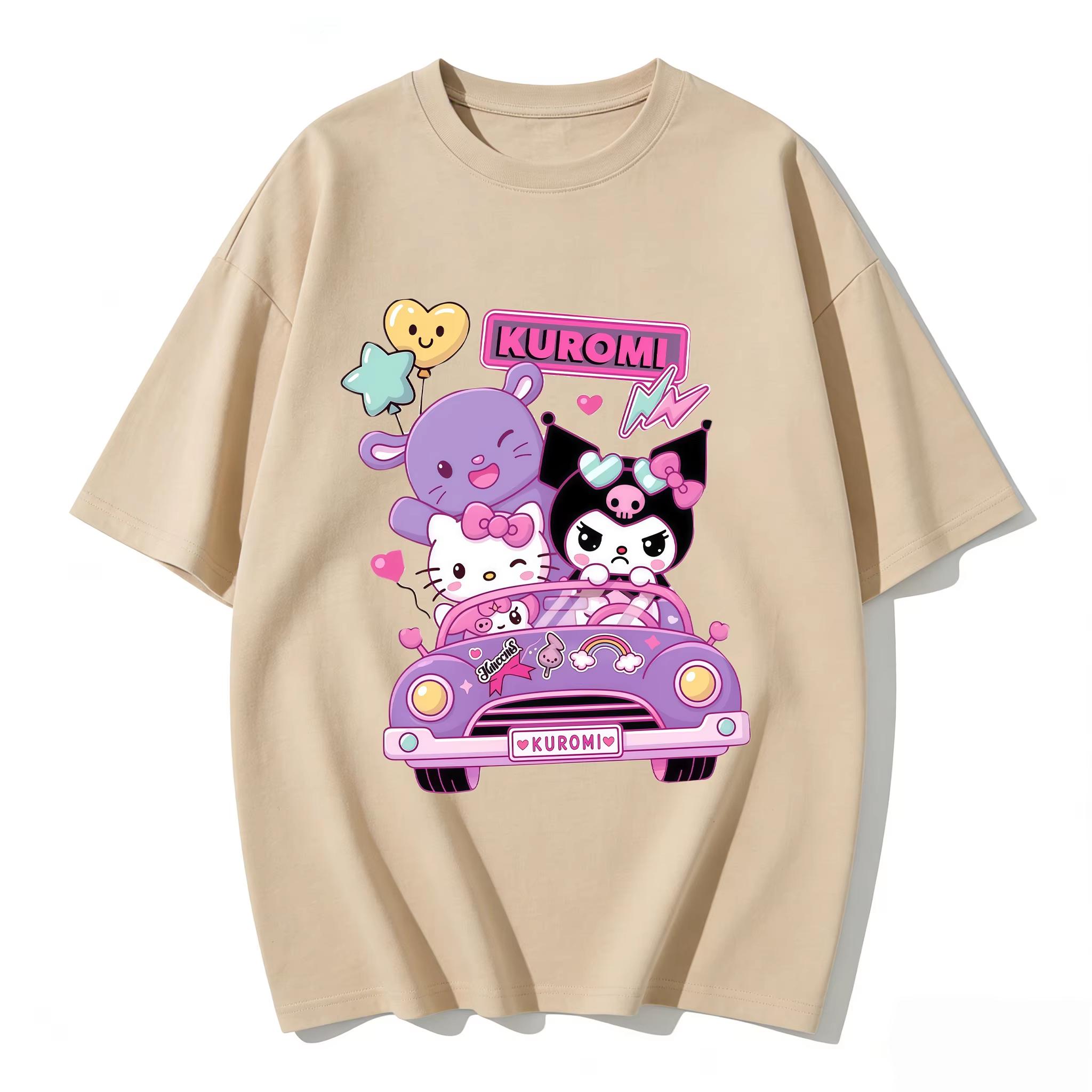 

2026 New Arrival Kawaii Kuromi Hello Kitty Car Print Couple T Shirts Casual Loose Family Matching Outfits Parentchild Tees Tops S