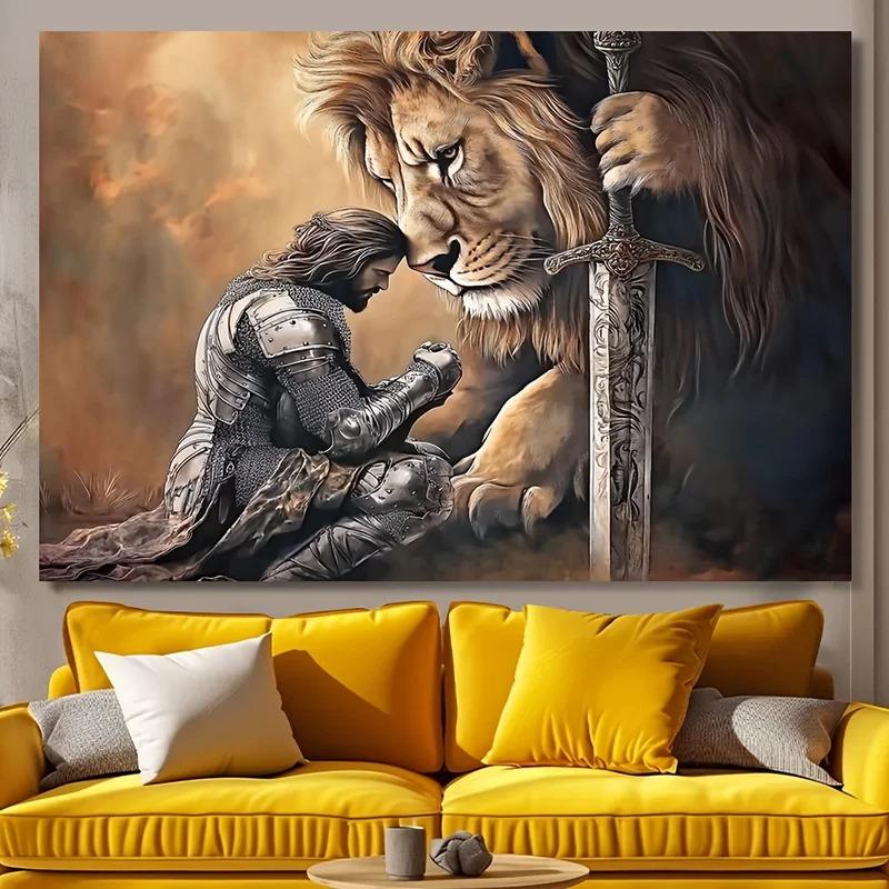 VIKAMA Knight and Lion Tapestry Vintage Fantasy Warrior Background Cloth Mysterious Power Wind Living Room Decoration