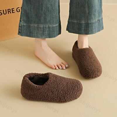 Winter Neue Plüschschuhe für Damen Bequem Weich Warm Baumwollschuhe Mode Vielseitig Einfarbige Flauschige Schlupfschuhe Flach