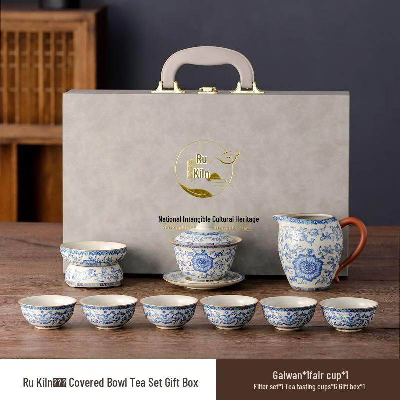 Ru Kiln Style Blue & White Lotus Ceramic Tea Set