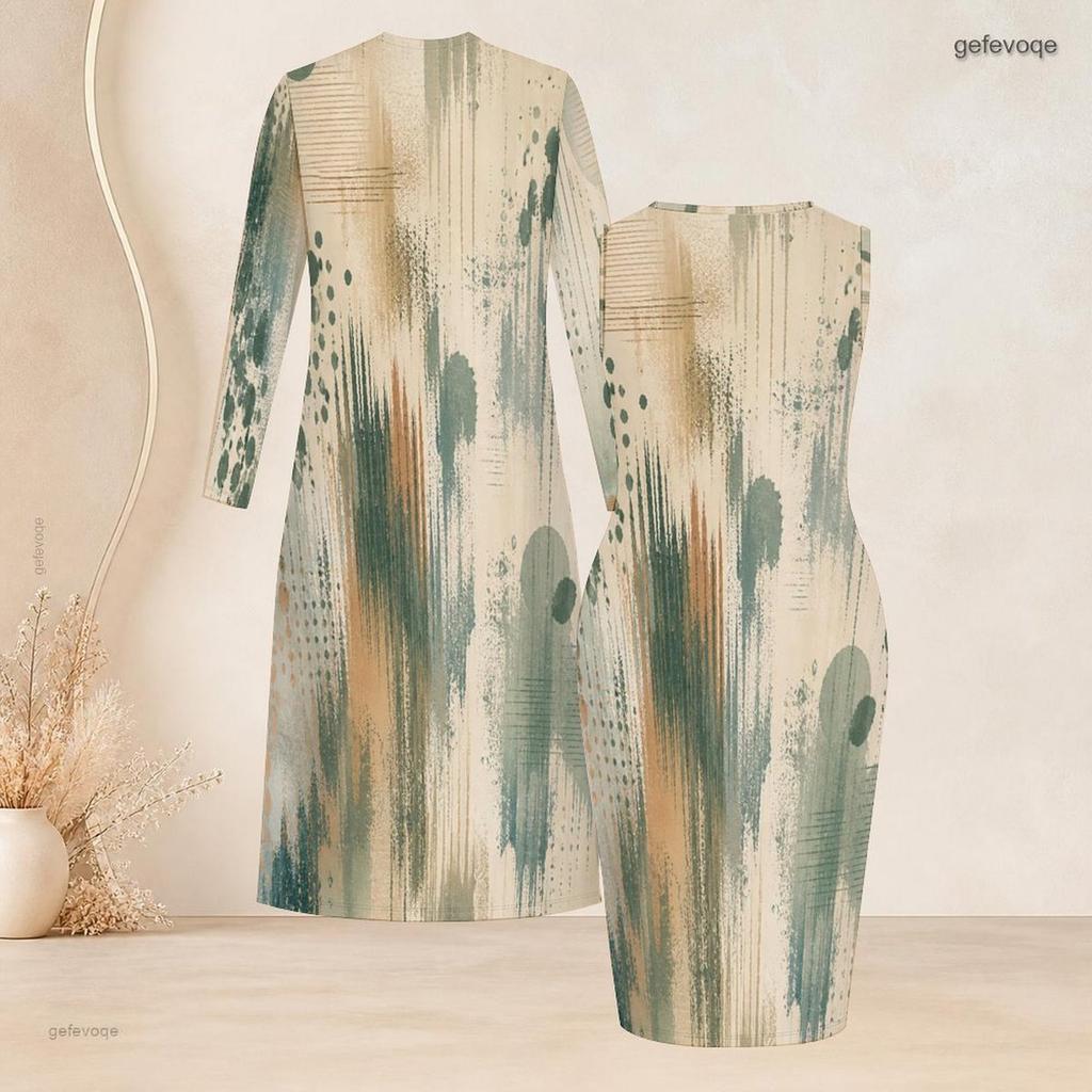 Women Plus Size Printed Two Piece Set Long Sleeve Open Front Cardigan Sleeveless Bodycon Dress