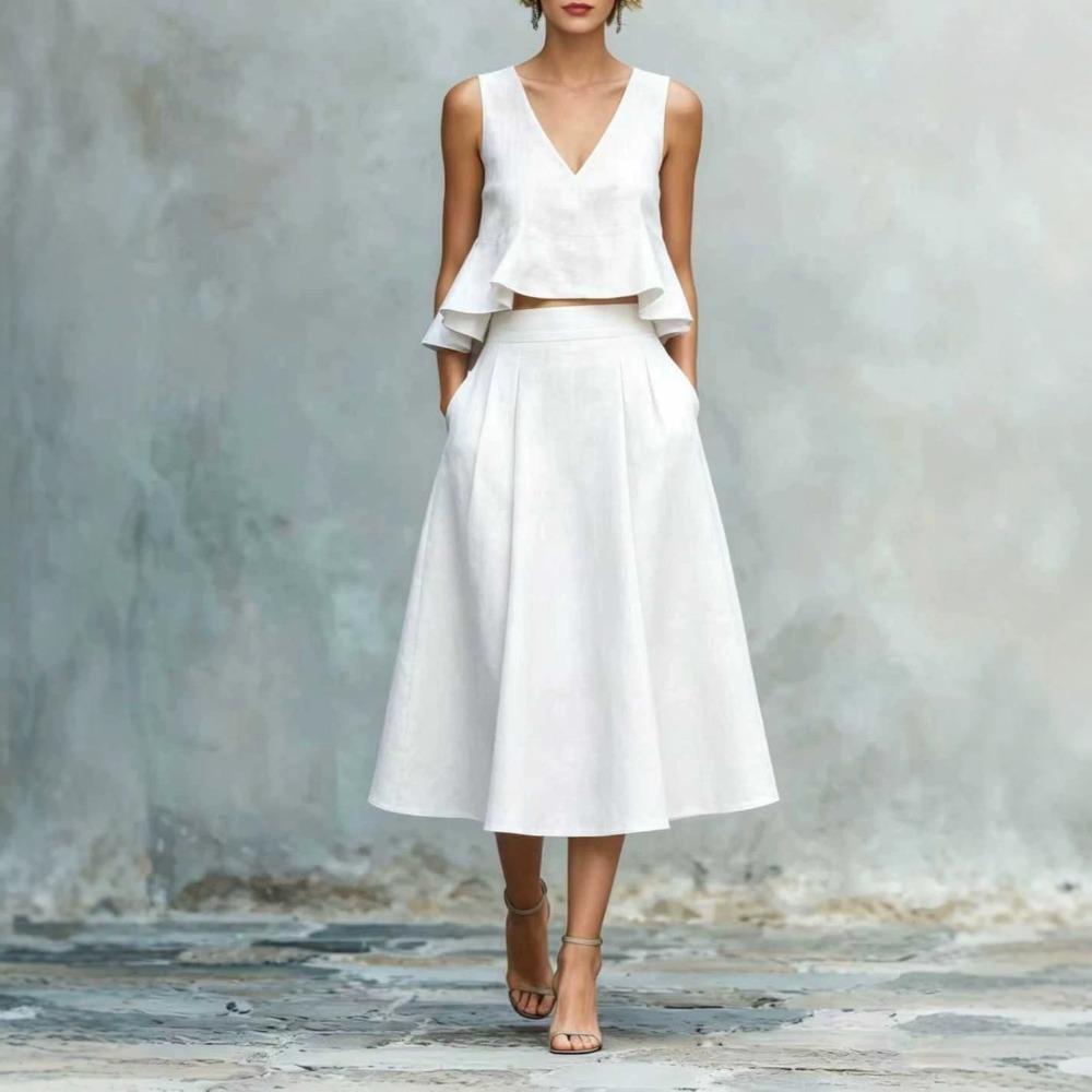 Women's V Neck Sleeveless Linen Two-Piece Set High Waist Pleated Skirt Suit Elegant