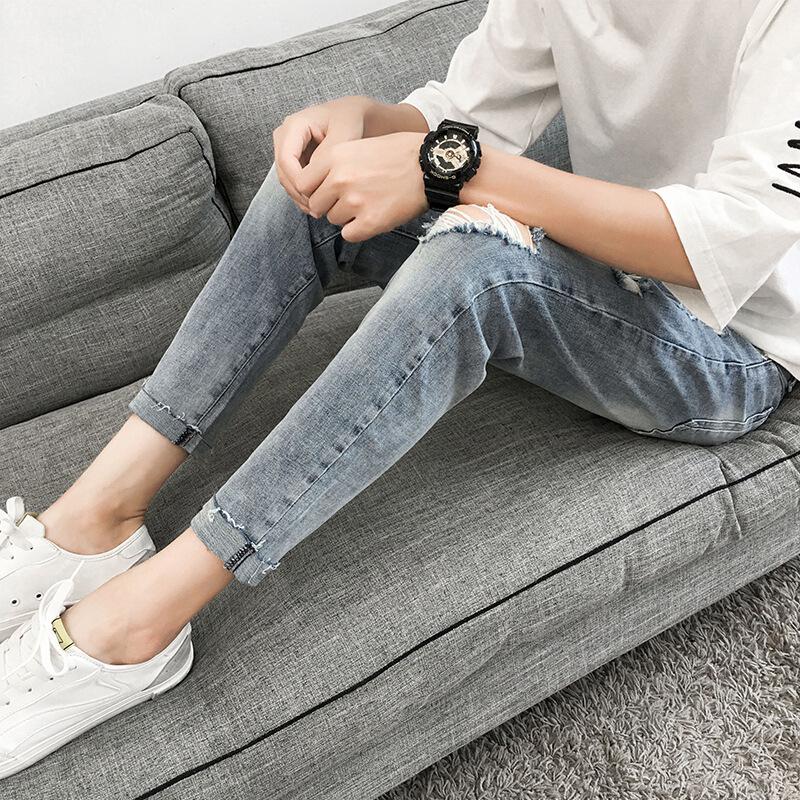 Men's Skinny Loose Ripped Jeans - Korean Style Trendy Beggar Pants, Slim Fit, 9-Point Length, Spring/Summer Collection