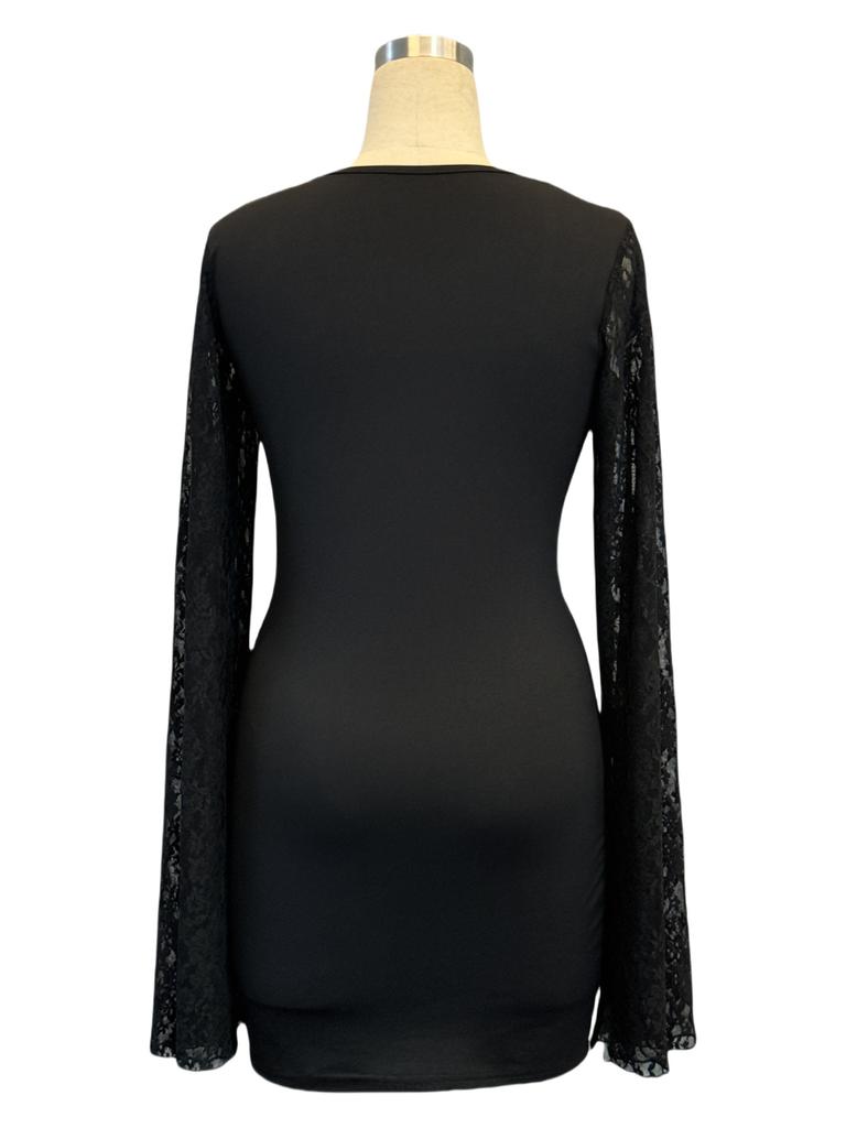 Autumn Bell Sleeve Slit Solid Color Lace Patchwork Square Neck Bodycon Dress Mature Style French Retro Patchwork Slim Sexy Elegant Women Maxi Dress