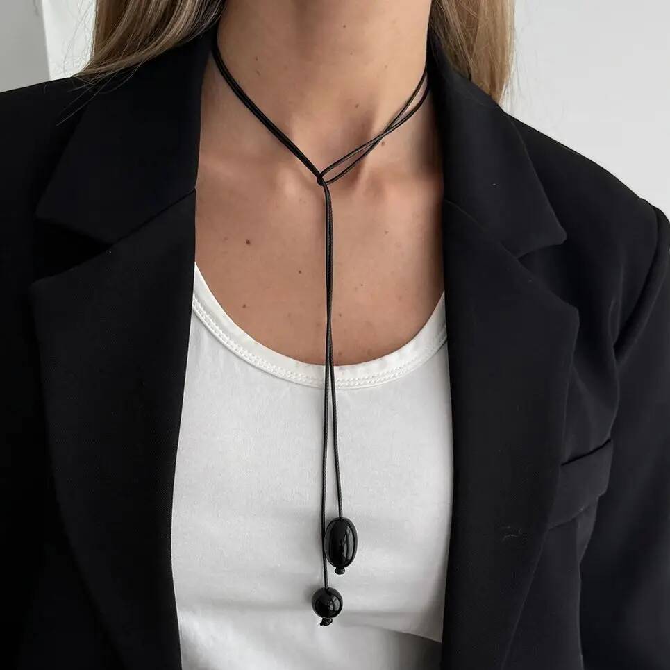 Salircon 4 Colors Simple Irregular Resin Bead Pendant Choker Necklace Women Black Wax Rope Adjustable Sweater Chain Jewelry Gift