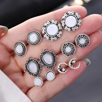 6 Pairs/lot Vintage Women's Stud Earrings Set Antique Copper Color Round Rhinestone Retro Party Ear Zircon Aretes De Mujer