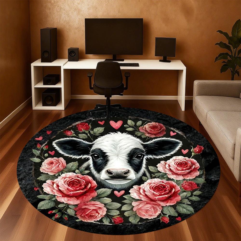 1pc Cow Roses Round Chair mat Area Rug - Non-Slip, Floor Mat for Office, Bedroom, home decor Christmas Gift-1002338