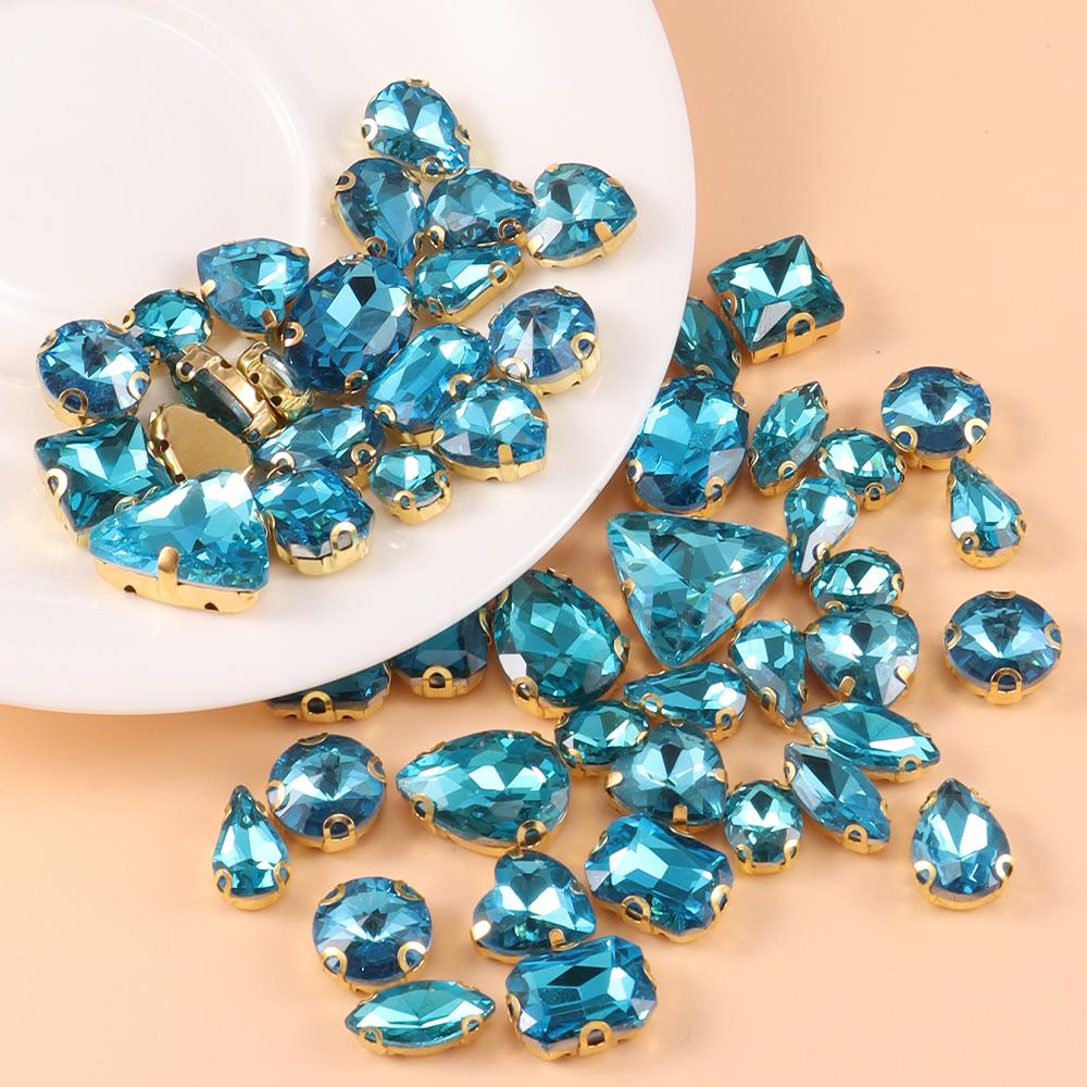 Mixed size glass rhinestone with claw cut diamond on stone bar, K gold base metal crystal, used for embroidery 50 pieces/pack