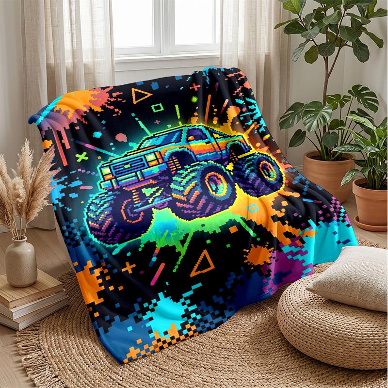 Neon Monster Trucks Theme Blanket Lightweight Warm Flannel Blanket Decorative Throw Blanket for Home Decoration