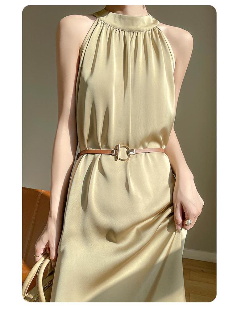 2024 Summer Women's French Retro Acetate Satin Halter Neck Sleeveless Dress