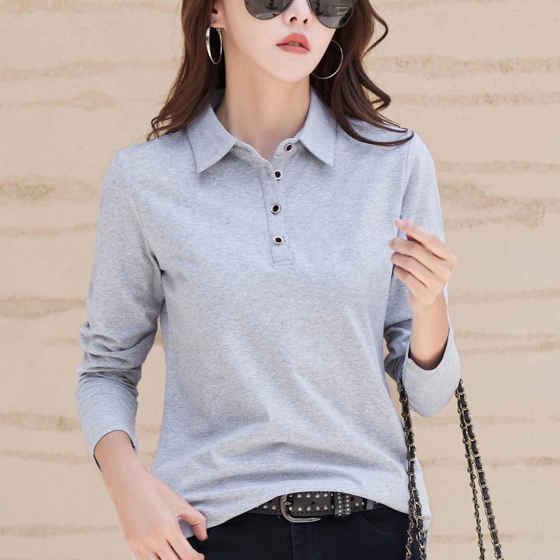 

Осень в базовой футболке с длинным рукавом из хлопка больших размеров из хлопка поло футболка женская на пуговицах повседневная офисная женская формальная женская футболка XXXL серый