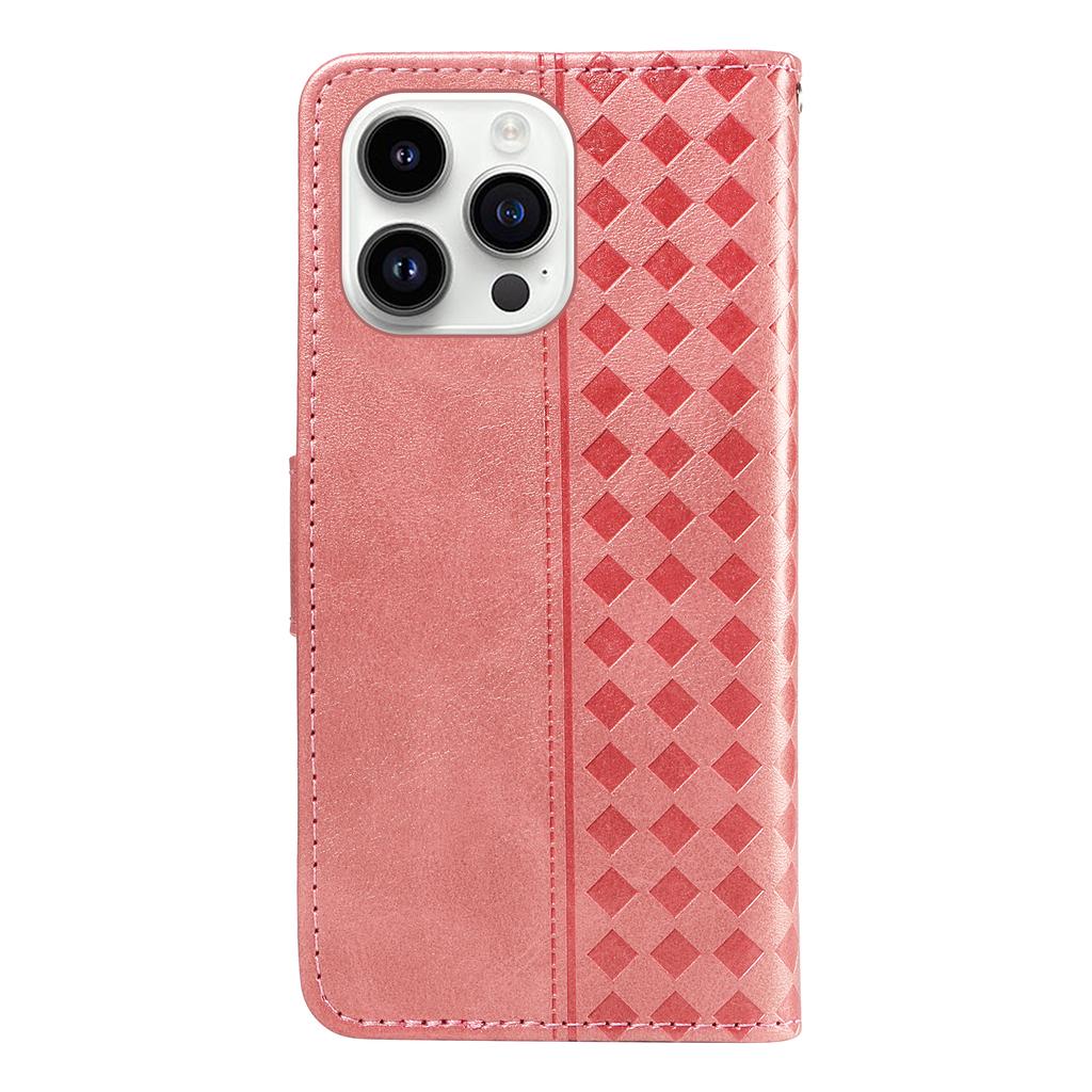 For iPhone 14 Pro Max Leather Case Wallet Stand Grids Imprinted Phone Cover with Strap