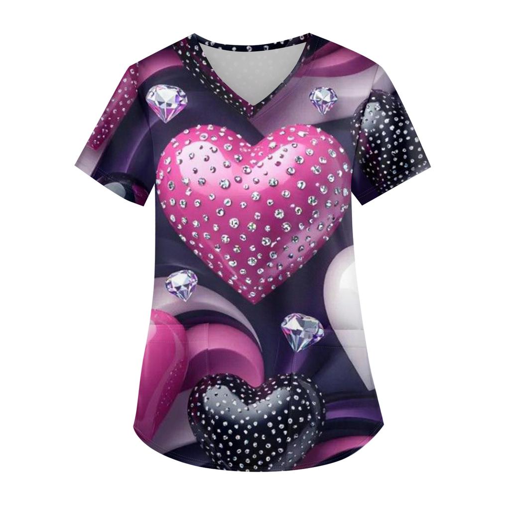 Damen Valentinstag Bedruckt Modisch V-Ausschnitt Tasche Kurzärmelig Uniform Und Pflegeroberteil