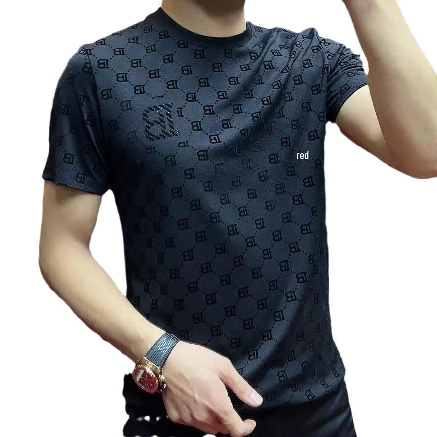 Herren Frühling/Sommer Bedrucktes Rundhals-T-Shirt - Europäischer Stil, Hohe Elastizität, Figurbetonte Passform, Kurzarm, Buchstaben-Design