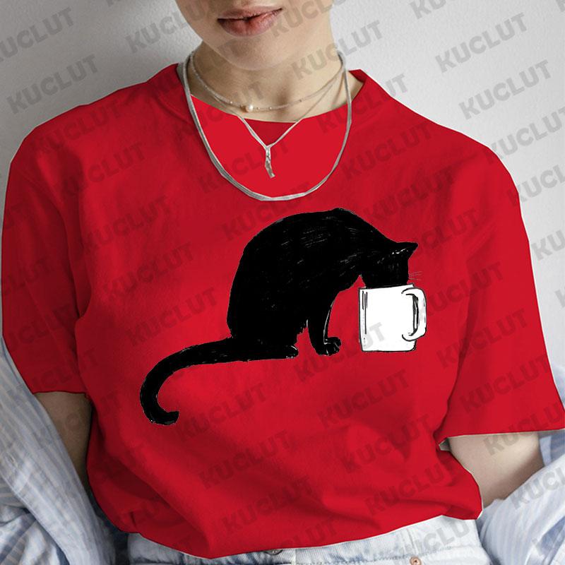 T-Shirt für Damen Schwarze Katzen Print Mode T-Shirt Lässig Rundhals Kurzarm Streetwear Damen T-Shirt Vintage Tee Oberteile