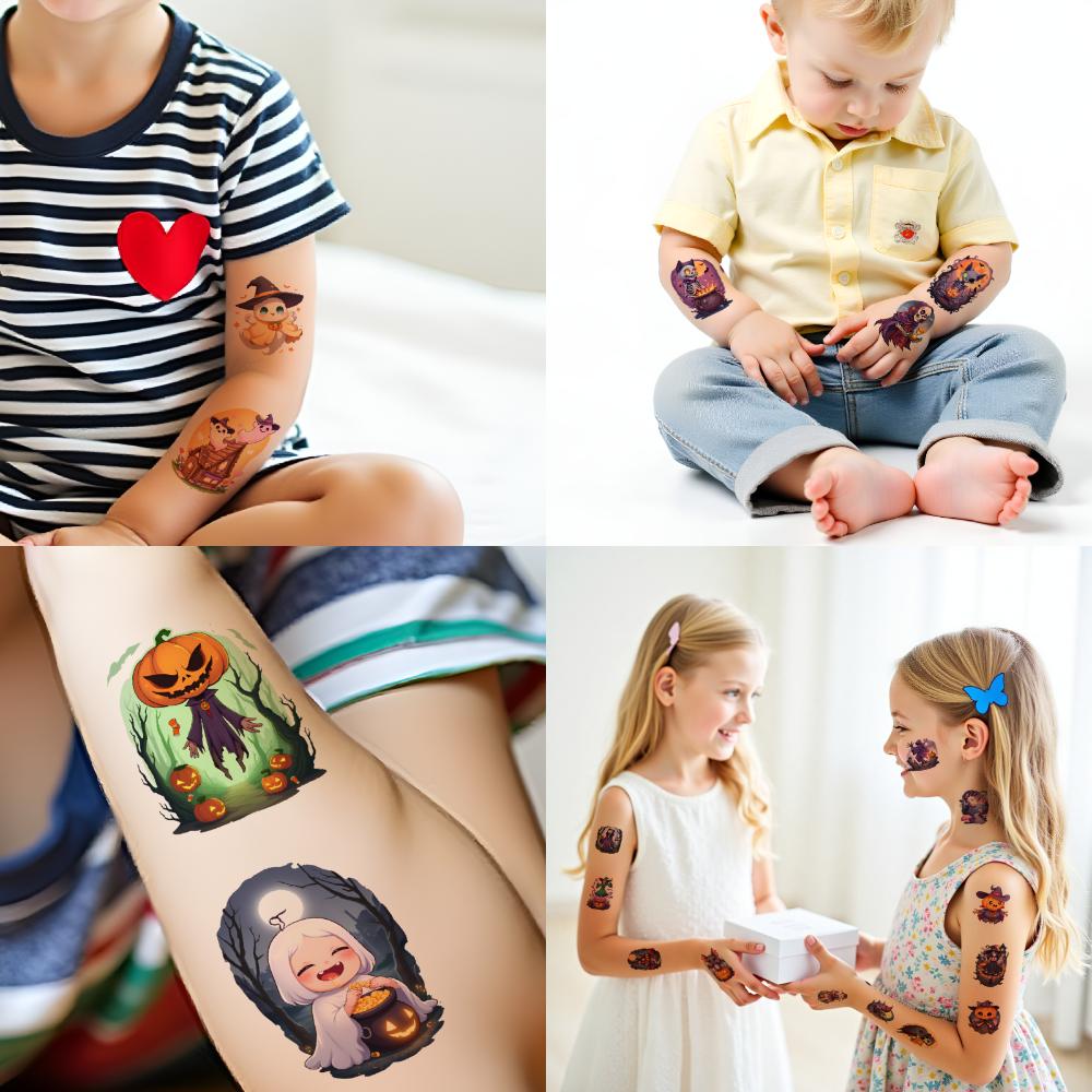 63pcs Halloween Temporary Tattoos Ghost Candy Pumpkin Bat Body Sticker Adult Boys Girl Tattoo Sticker Cosplay Party Sticker Prop