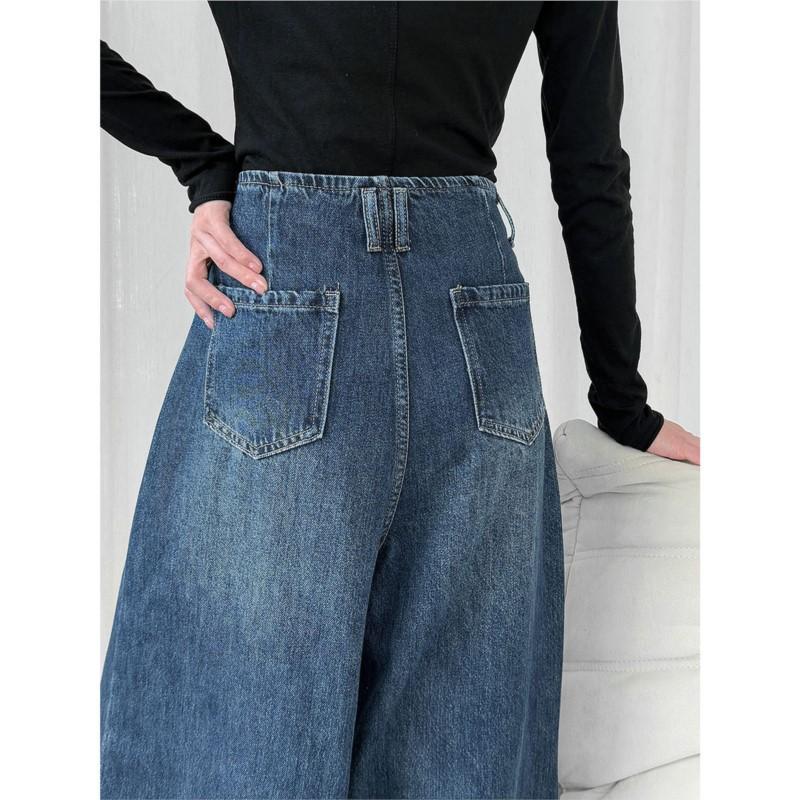 Johnature Retro Casual Washed Jeans Women Autumn Wide-leg Floor-length Pants