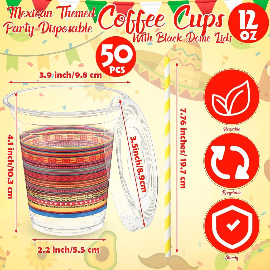 50 Pack 12 oz Fiesta Plastic Cups with Lids and Paper Straws Mexican Clear Disposable Cups Bulk Cinco De Mayo Party Decorations for Fiesta Taco
