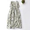 Women V-Neck Floral Linen Midi Dress Short Sleeve Drawstring Waist A-Line Casual Summer Vintage Print Long Dress