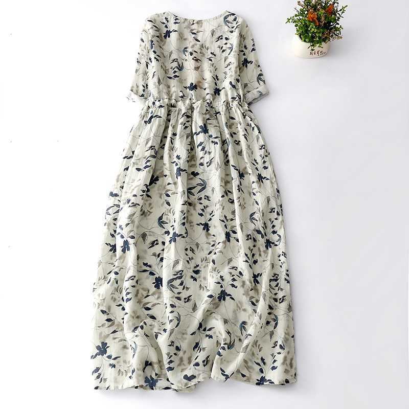 Women V-Neck Floral Linen Midi Dress Short Sleeve Drawstring Waist A-Line Casual Summer Vintage Print Long Dress