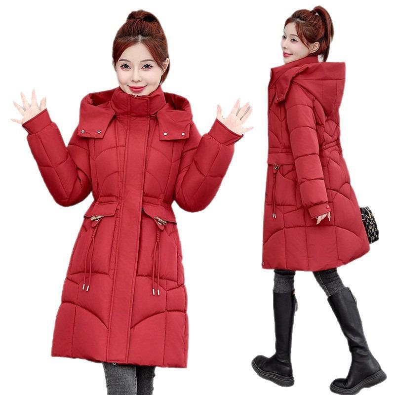 New Waist Drawstring Jacket Live Hat Medium and Long Down Cotton Clothes Thickened Slim Women's Cotton Clothes