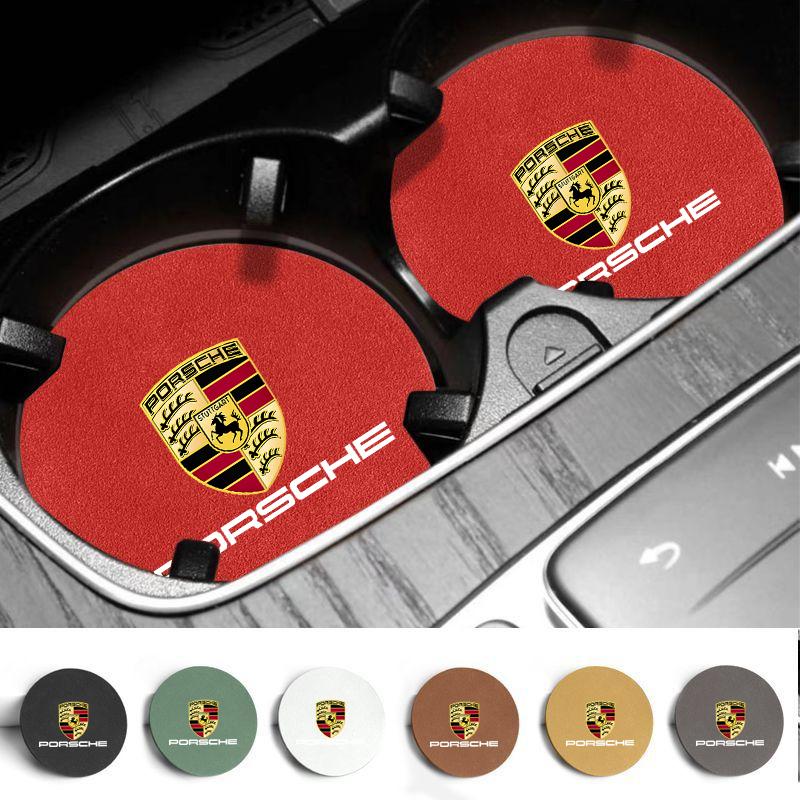 2PC Luxury Car Coaster Water Bottle Cup Holder Mat Anti-slip Pad For Porsche Cayenne Panamera Macan 911 718 918 Taycan Boxster