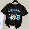 Cartoon Black T Shirt for Boys Girls Blueys Its My Birthday Number Summer Kawaii Cotton Clothes Tops Anime Cute Short Sleeve