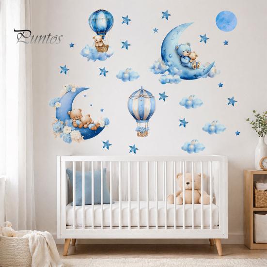 Non Fading PVC Wall Stickers 2Pcs Starry Sky Bear Stickers, Cartoon Moon Hot Air Balloon Decals, Versatile Decals for Glass Blue Peel And Stick
