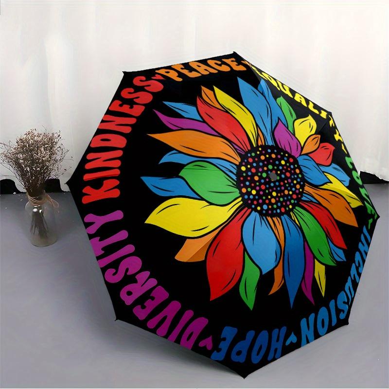 1pc Kindness Equality Automatic Folding Umbrella, 8-Rib Sturdy Canopy, Portable Travel Umbrella for Outdoor Use