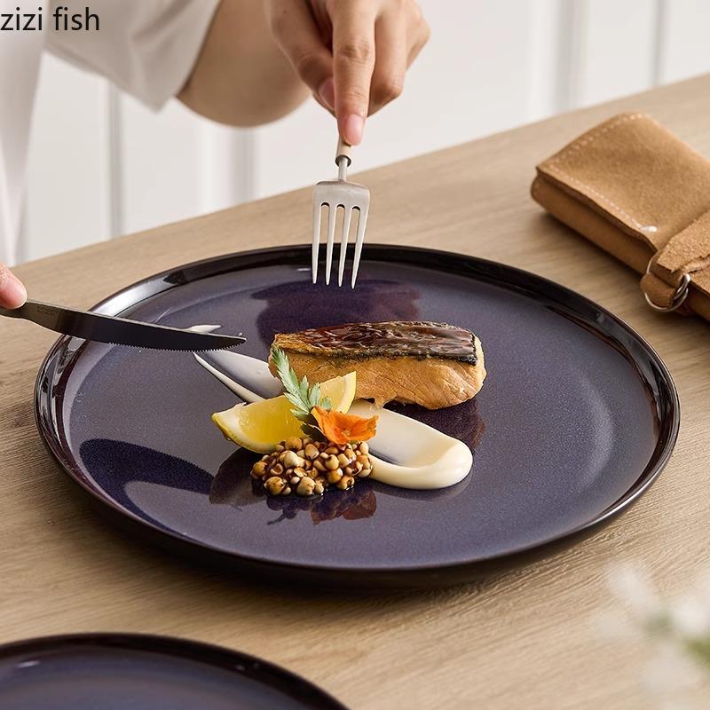 Kiln Changes Blue Ceramic Flat Plate Hotel Creative Steak Plate Dessert Plate Sushi Plates Breakfast Plates Featured Tableware