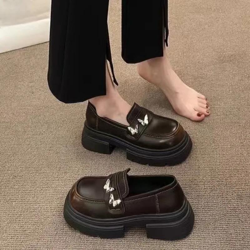 New Butterfly Black Brown Lolita Shoes Women  Casual Platform Mary Jane Female Korean Version Small Leather Shoes High Heels