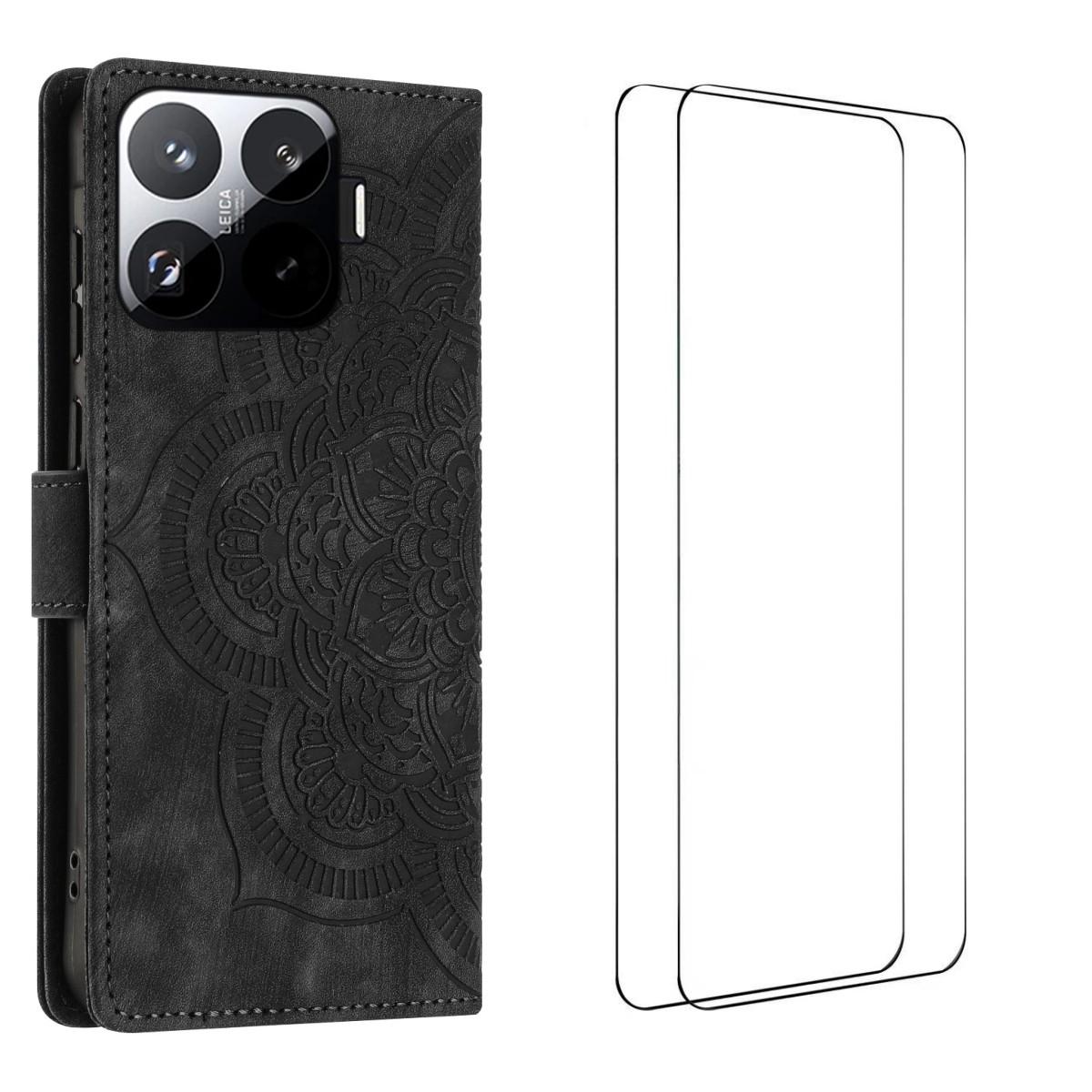 

For Xiaomi 15T Pro Case with 2Pcs Tempered Glass WANLONFENG MTL Series Mandala Leather Phone Cover