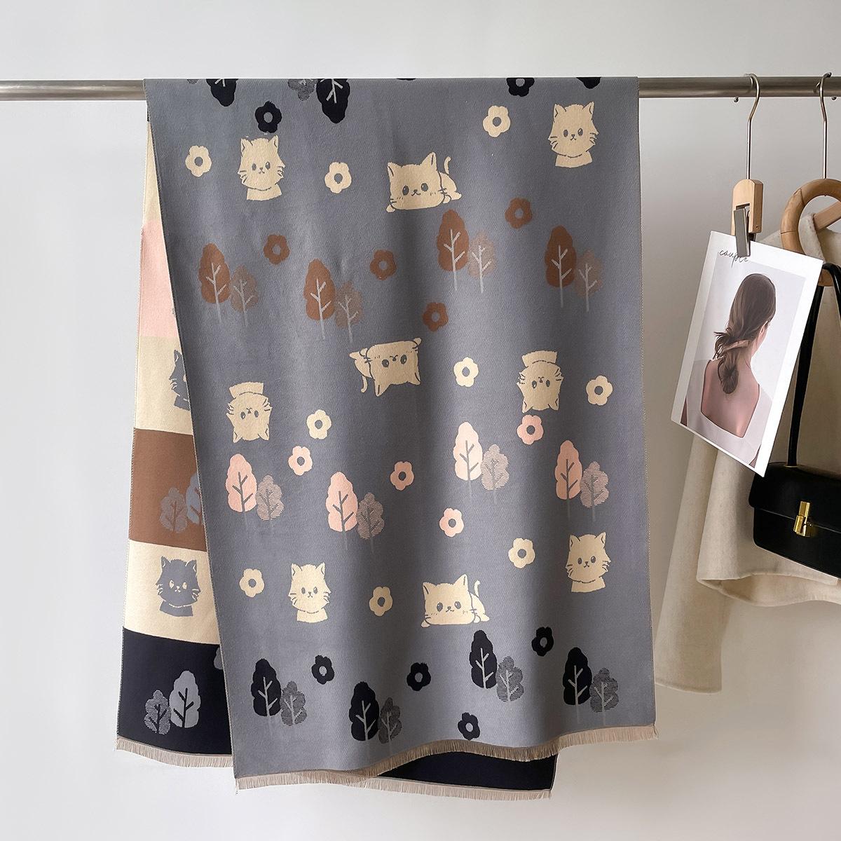Damen Weicher Winter Kaschmir Schal Cartoon Katze Druck Pashmina Luxus Schals Und Wickeltücher Bufanda Echarpe Warme Decke One Size black