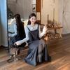 2026 Spring Milk-like Academy Style Two-Piece Set: Grey Dress with Long Skirt & Overalls