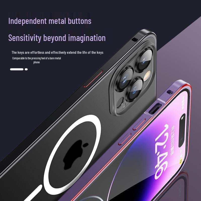 Cross13 Magnetic Metal Frame Phone Case with Lens Protection for Apple 14 - Drop-proof, Frosted, Semi-transparent, Creative Design.